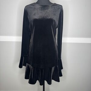 Johnny Wujek Black Velvet Mini Dress Large Long Bell Sleeve Bow Back